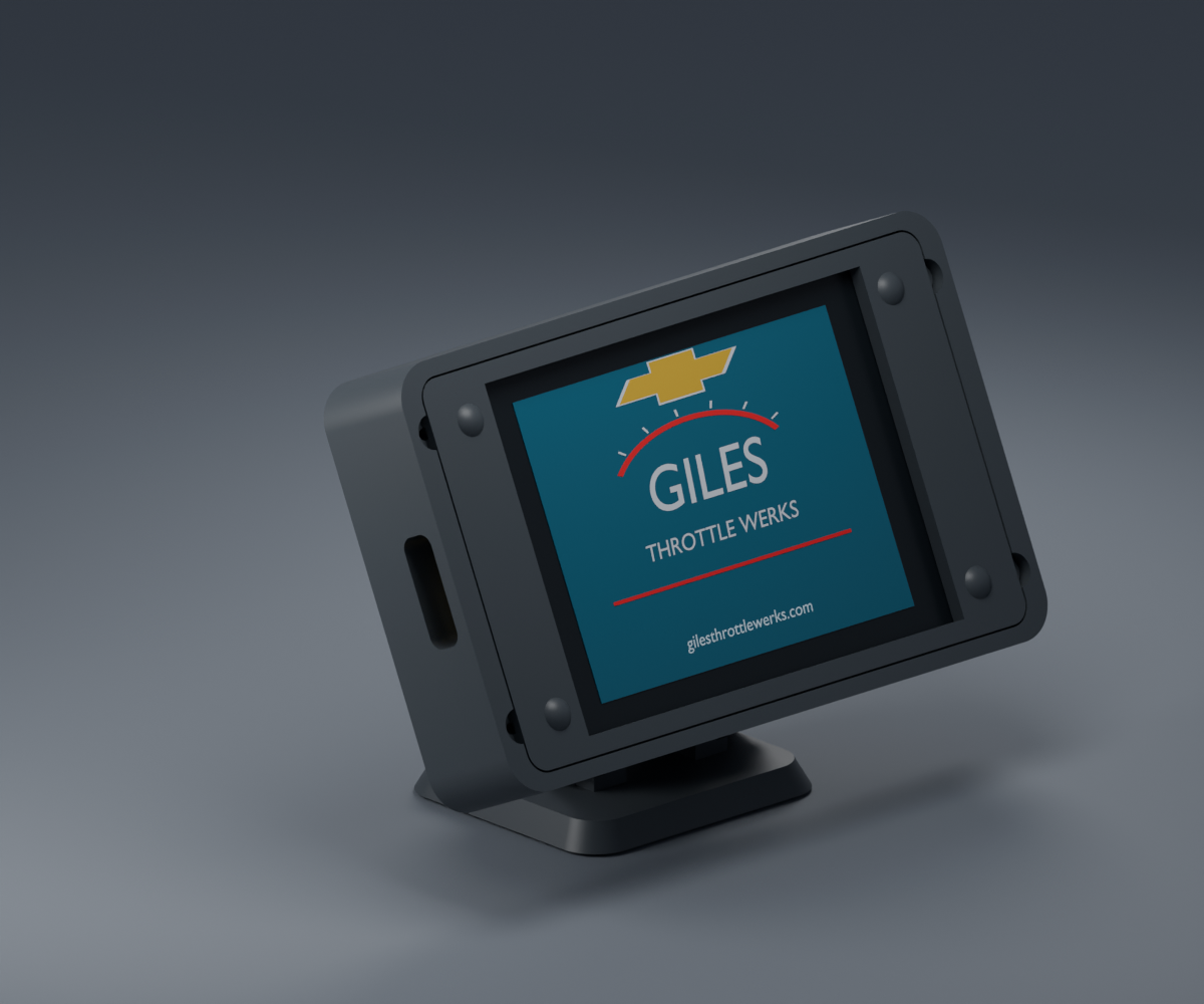 Diesel LZO Dash product render showing the black enclosure, dash mount, and Giles Throttle Werks boot screen with gold Chevrolet bowtie